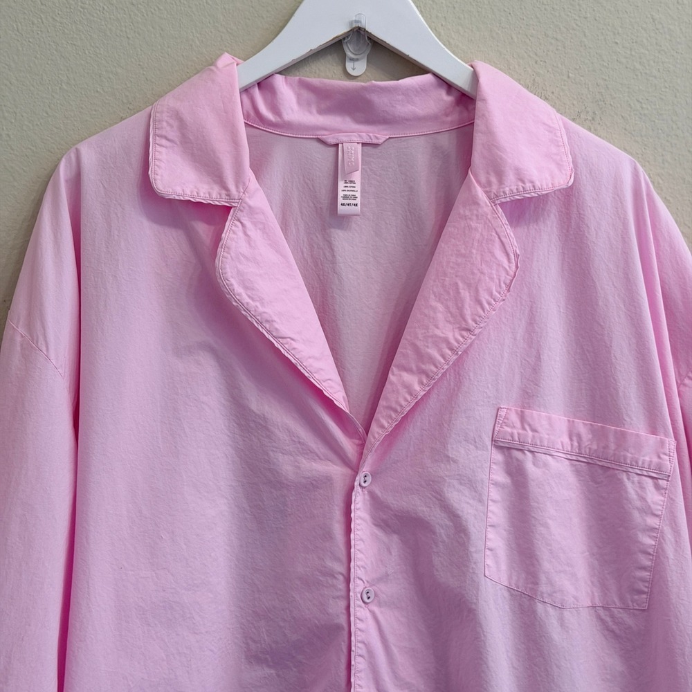 SKIMS Cotton Poplin Sleep Shirt Dress Baby Pink 4X Plus Long Sleeve Button Up - Picture 3 of 11